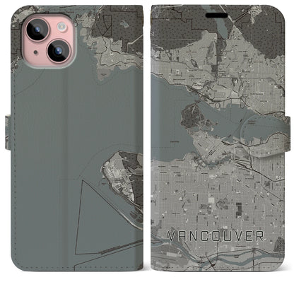 【バンクーバー（カナダ）】地図柄iPhoneケース（手帳タイプ）モノトーン・iPhone 15 Plus 用