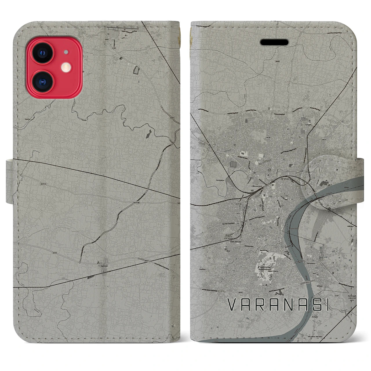 【ヴァーラーナシー】地図柄iPhoneケース（手帳両面タイプ・モノトーン）iPhone 11 用
