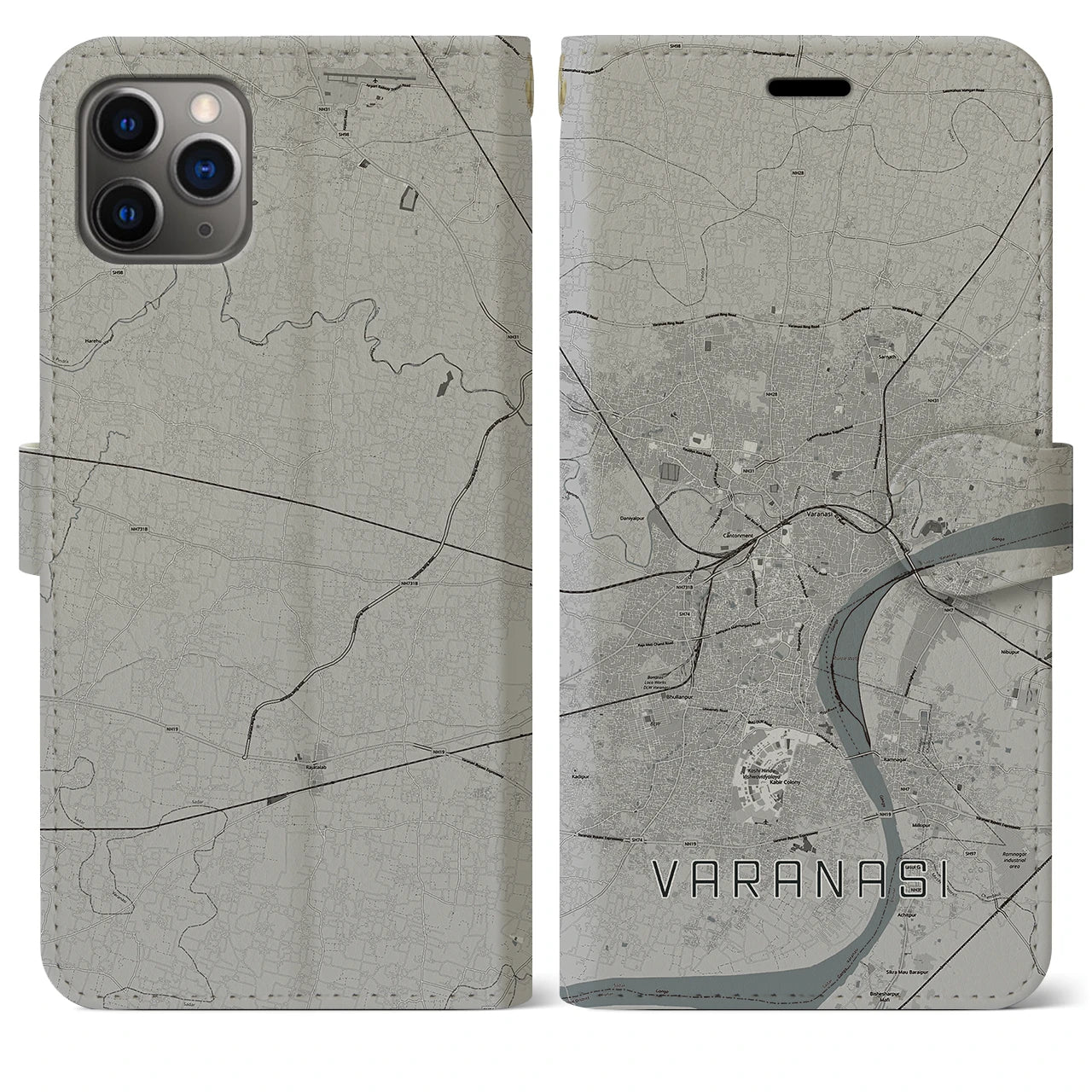 【ヴァーラーナシー】地図柄iPhoneケース（手帳両面タイプ・モノトーン）iPhone 11 Pro Max 用