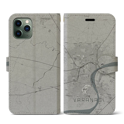 【ヴァーラーナシー（インド）】地図柄iPhoneケース（手帳タイプ）モノトーン・iPhone 11 Pro 用