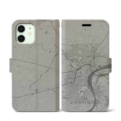 【ヴァーラーナシー（インド）】地図柄iPhoneケース（手帳タイプ）モノトーン・iPhone 12 mini 用