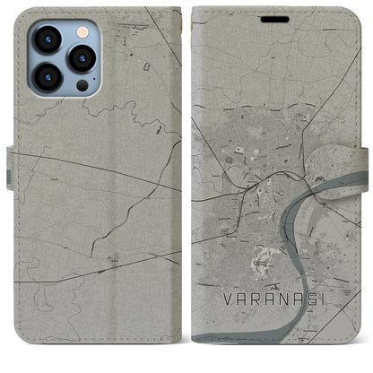 【ヴァーラーナシー（インド）】地図柄iPhoneケース（手帳タイプ）モノトーン・iPhone 13 Pro Max 用