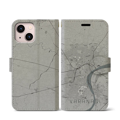【ヴァーラーナシー（インド）】地図柄iPhoneケース（手帳タイプ）モノトーン・iPhone 13 mini 用