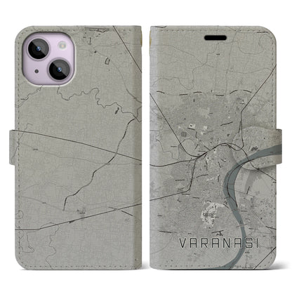 【ヴァーラーナシー（インド）】地図柄iPhoneケース（手帳タイプ）モノトーン・iPhone 14 用