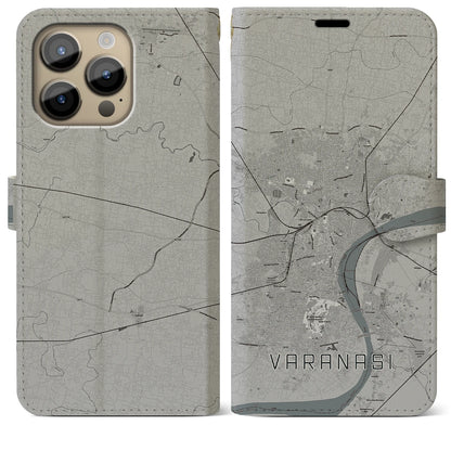【ヴァーラーナシー（インド）】地図柄iPhoneケース（手帳タイプ）モノトーン・iPhone 14 Pro Max 用