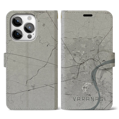 【ヴァーラーナシー（インド）】地図柄iPhoneケース（手帳タイプ）モノトーン・iPhone 14 Pro 用