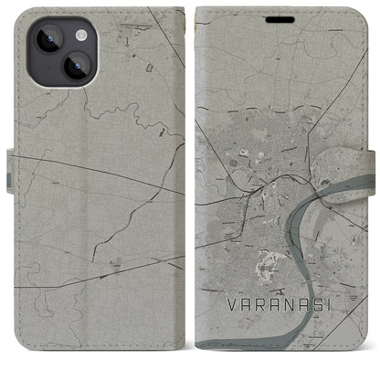 【ヴァーラーナシー（インド）】地図柄iPhoneケース（手帳タイプ）モノトーン・iPhone 14 Plus 用