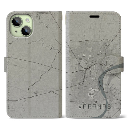 【ヴァーラーナシー（インド）】地図柄iPhoneケース（手帳タイプ）モノトーン・iPhone 15 用