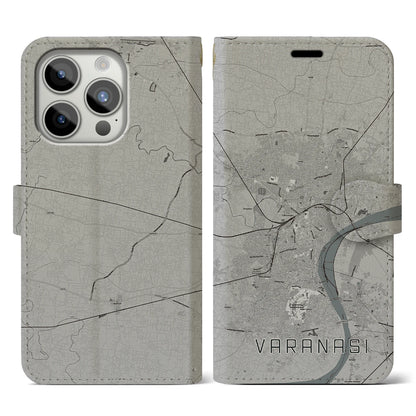 【ヴァーラーナシー（インド）】地図柄iPhoneケース（手帳タイプ）モノトーン・iPhone 15 Pro 用