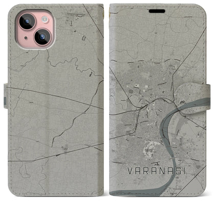 【ヴァーラーナシー（インド）】地図柄iPhoneケース（手帳タイプ）モノトーン・iPhone 15 Plus 用