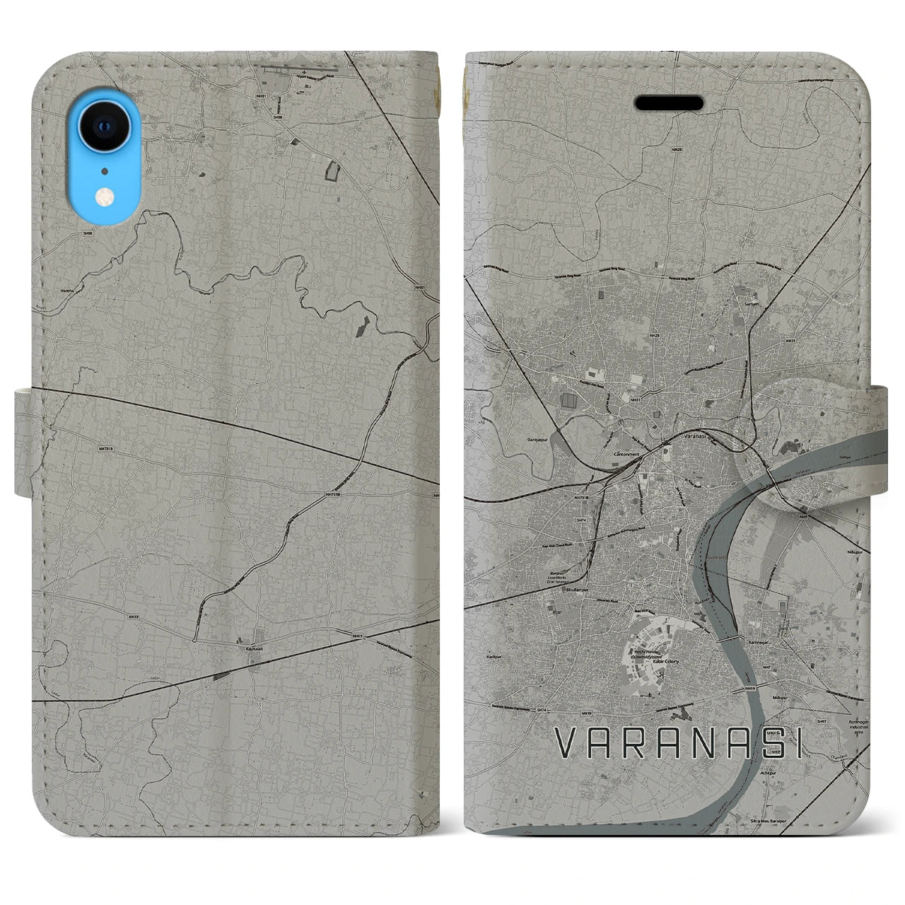 【ヴァーラーナシー】地図柄iPhoneケース（手帳両面タイプ・モノトーン）iPhone XR 用