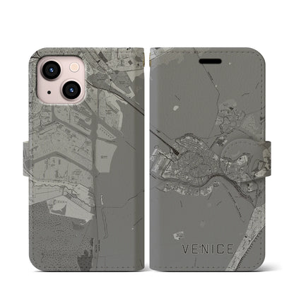 【ヴェネツィア2（イタリア）】地図柄iPhoneケース（手帳タイプ）モノトーン・iPhone 13 mini 用