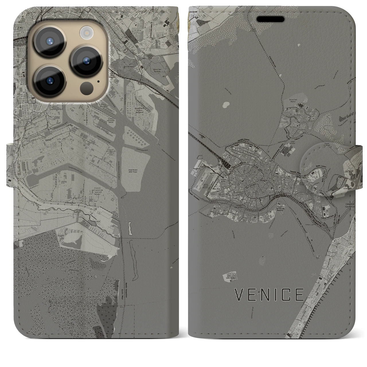 【ヴェネツィア2】地図柄iPhoneケース（手帳両面タイプ・モノトーン）iPhone 14 Pro Max 用