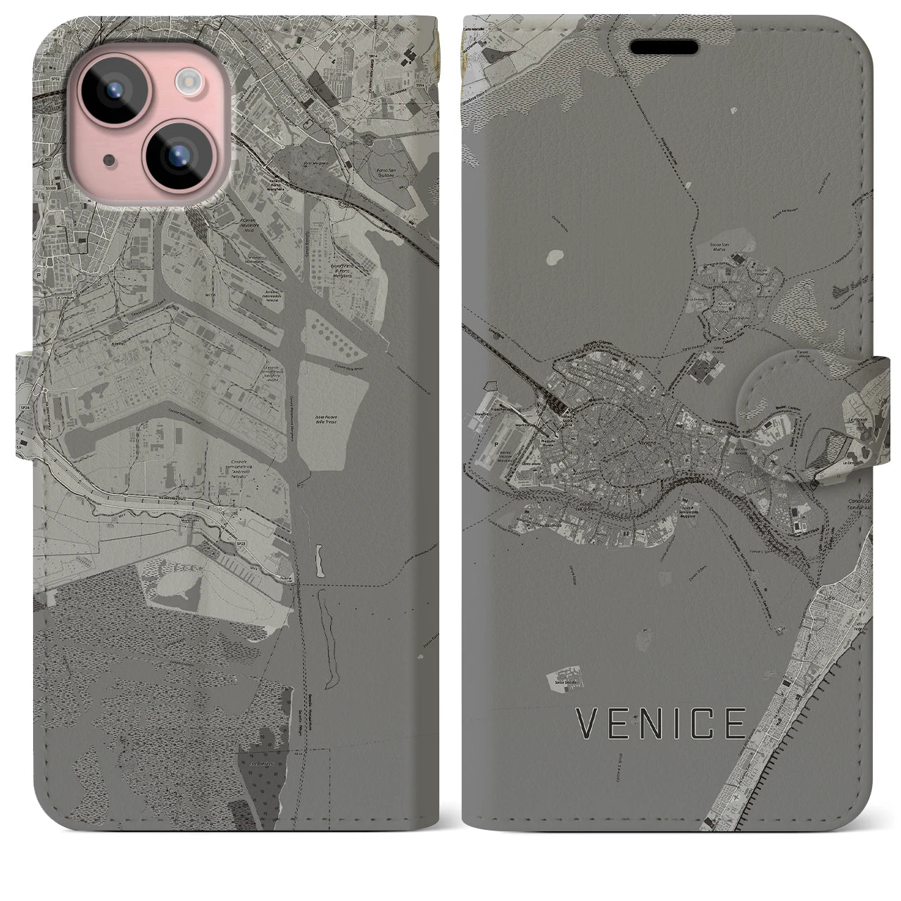 【ヴェネツィア2】地図柄iPhoneケース（手帳両面タイプ・モノトーン）iPhone 15 Plus 用