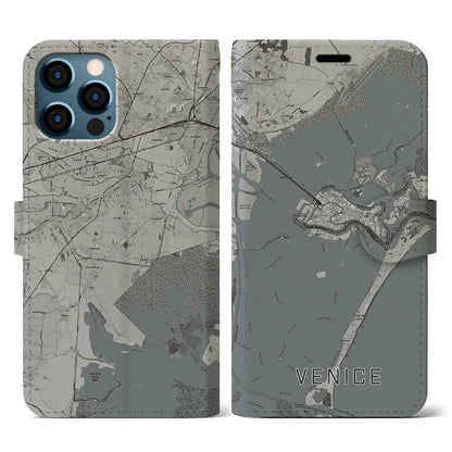 【ヴェネツィア（イタリア）】地図柄iPhoneケース（手帳タイプ）モノトーン・iPhone 12 / 12 Pro 用