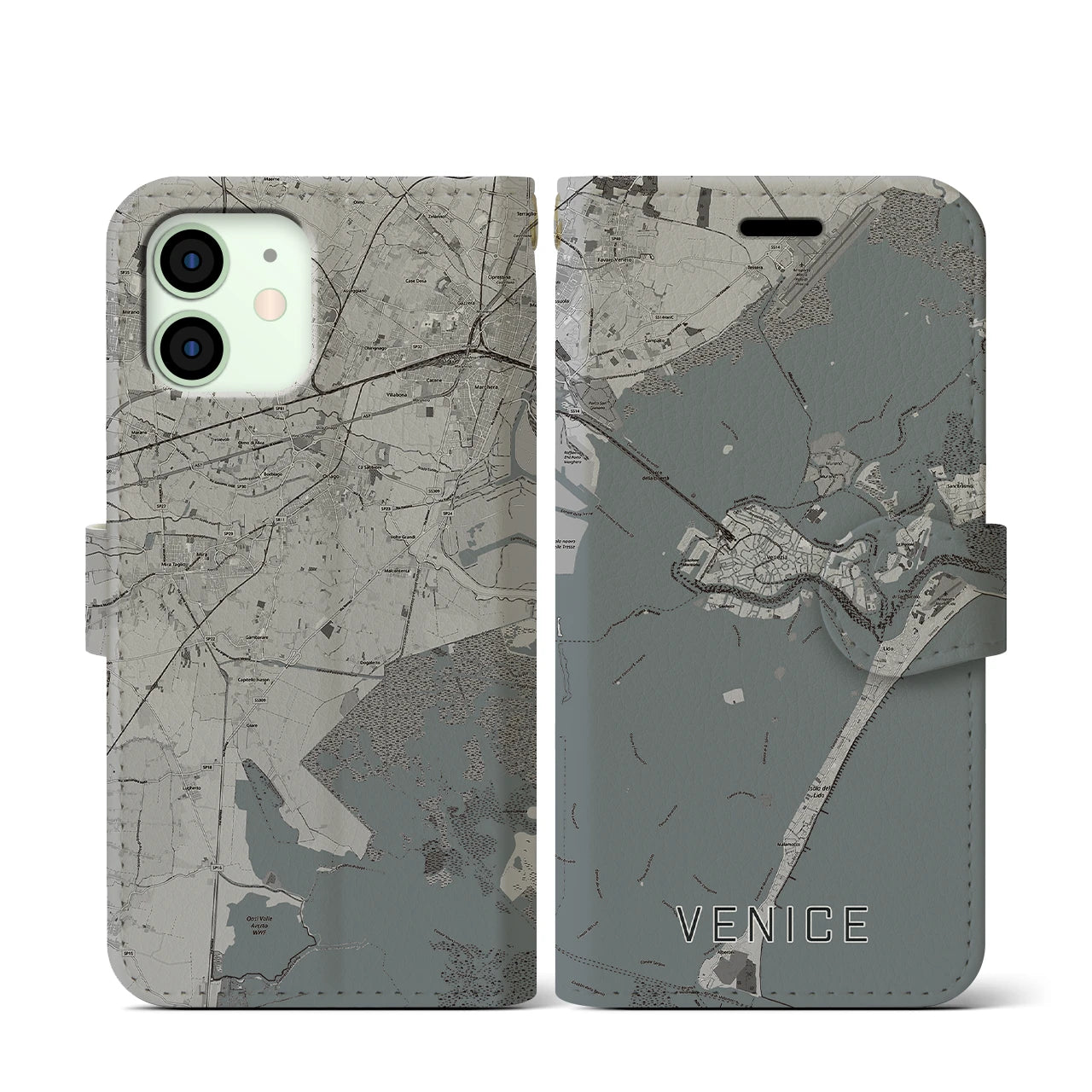 【ヴェネツィア】地図柄iPhoneケース（手帳両面タイプ・モノトーン）iPhone 12 mini 用