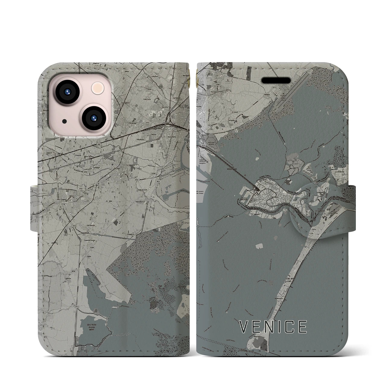 【ヴェネツィア】地図柄iPhoneケース（手帳両面タイプ・モノトーン）iPhone 13 mini 用