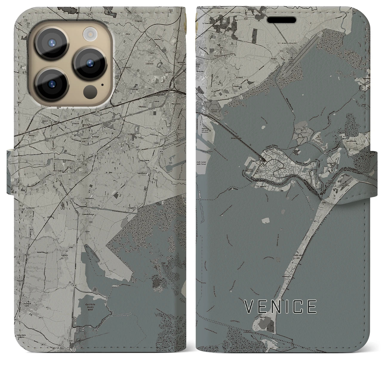 【ヴェネツィア】地図柄iPhoneケース（手帳両面タイプ・モノトーン）iPhone 14 Pro Max 用
