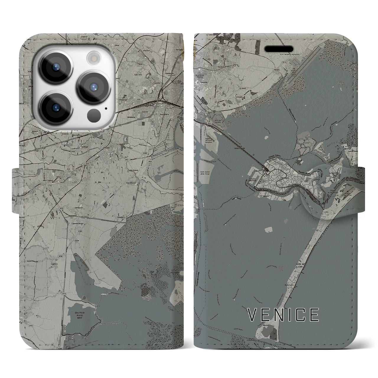 【ヴェネツィア】地図柄iPhoneケース（手帳両面タイプ・モノトーン）iPhone 14 Pro 用