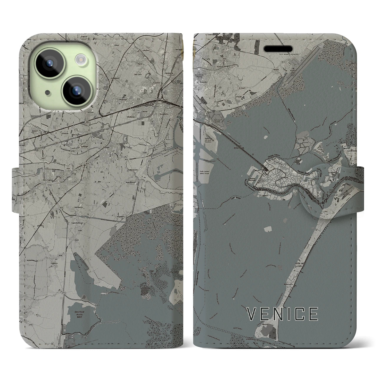 【ヴェネツィア】地図柄iPhoneケース（手帳両面タイプ・モノトーン）iPhone 15 用