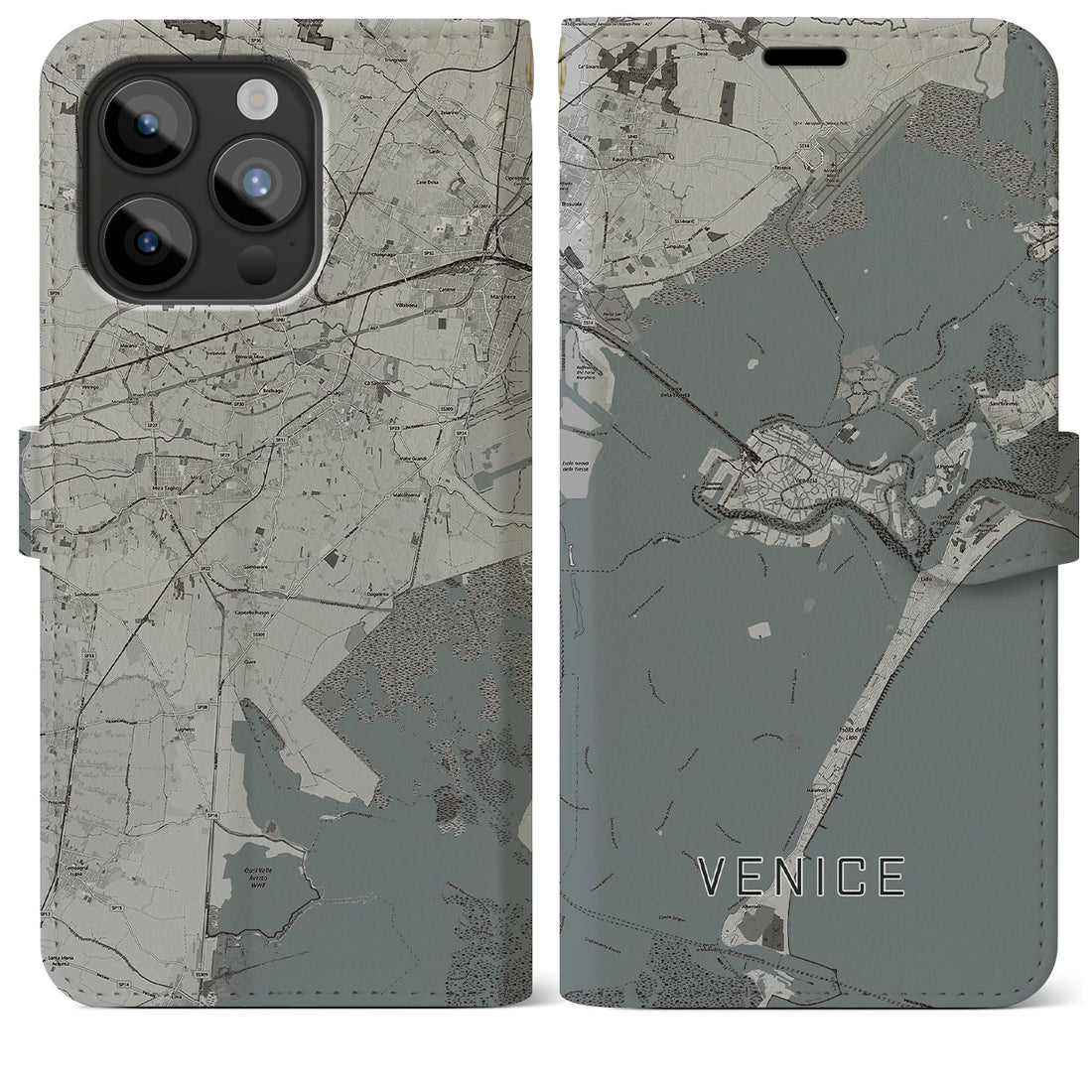 【ヴェネツィア】地図柄iPhoneケース（手帳両面タイプ・モノトーン）iPhone 15 Pro Max 用