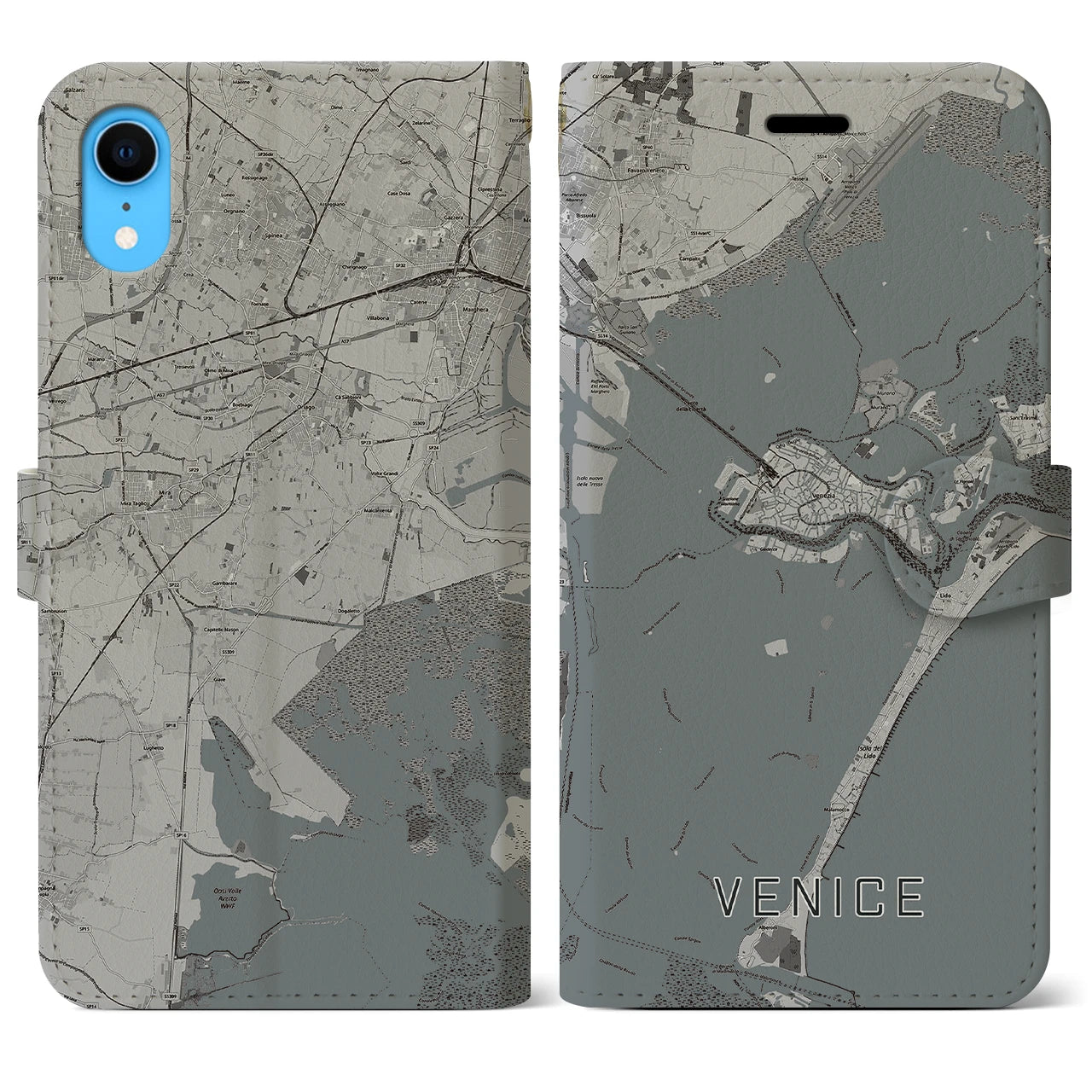 【ヴェネツィア】地図柄iPhoneケース（手帳両面タイプ・モノトーン）iPhone XR 用