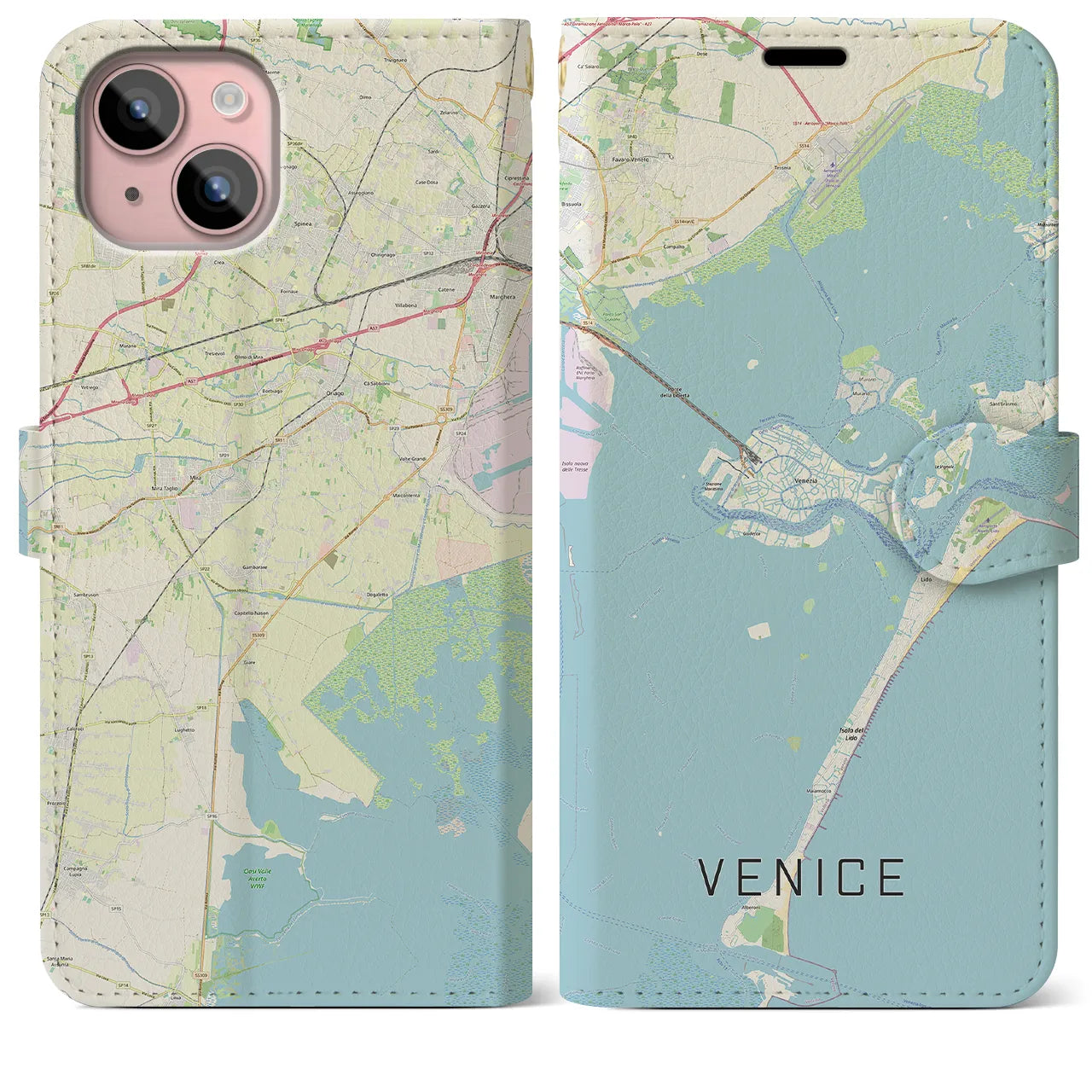 【ヴェネツィア】地図柄iPhoneケース（手帳両面タイプ・ナチュラル）iPhone 15 Plus 用