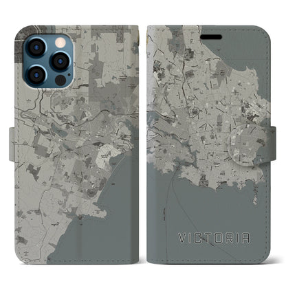 【ビクトリア（カナダ）】地図柄iPhoneケース（手帳タイプ）モノトーン・iPhone 12 / 12 Pro 用