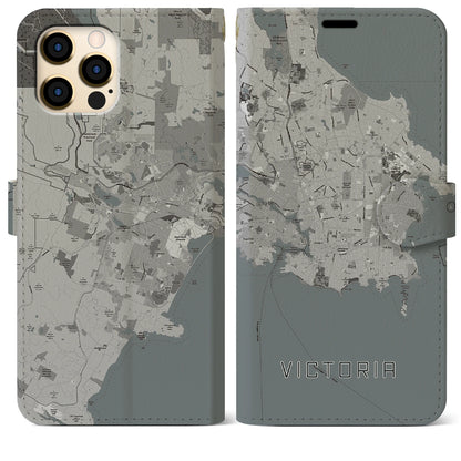 【ビクトリア（カナダ）】地図柄iPhoneケース（手帳タイプ）モノトーン・iPhone 12 Pro Max 用
