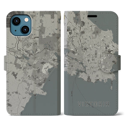 【ビクトリア（カナダ）】地図柄iPhoneケース（手帳タイプ）モノトーン・iPhone 13 用