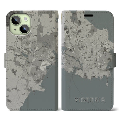 【ビクトリア（カナダ）】地図柄iPhoneケース（手帳タイプ）モノトーン・iPhone 15 用