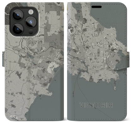 【ビクトリア（カナダ）】地図柄iPhoneケース（手帳タイプ）モノトーン・iPhone 15 Pro Max 用