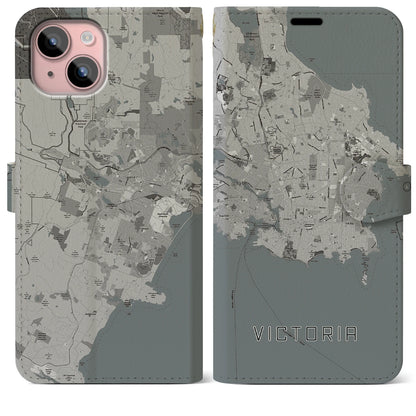 【ビクトリア（カナダ）】地図柄iPhoneケース（手帳タイプ）モノトーン・iPhone 15 Plus 用