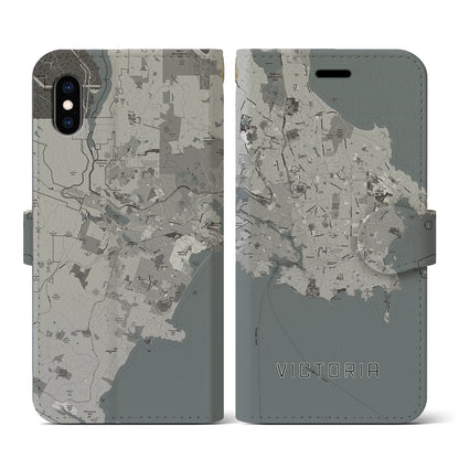 【ビクトリア（カナダ）】地図柄iPhoneケース（手帳タイプ）モノトーン・iPhone XS / X 用