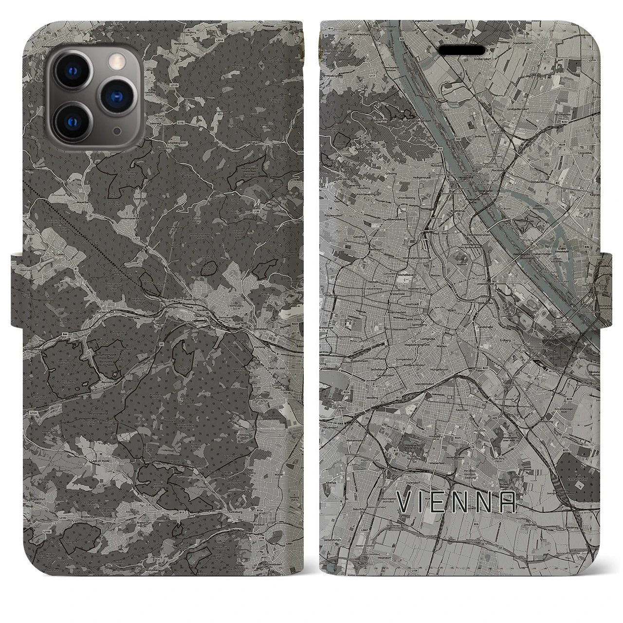 【ウィーン】地図柄iPhoneケース（手帳両面タイプ・モノトーン）iPhone 11 Pro Max 用