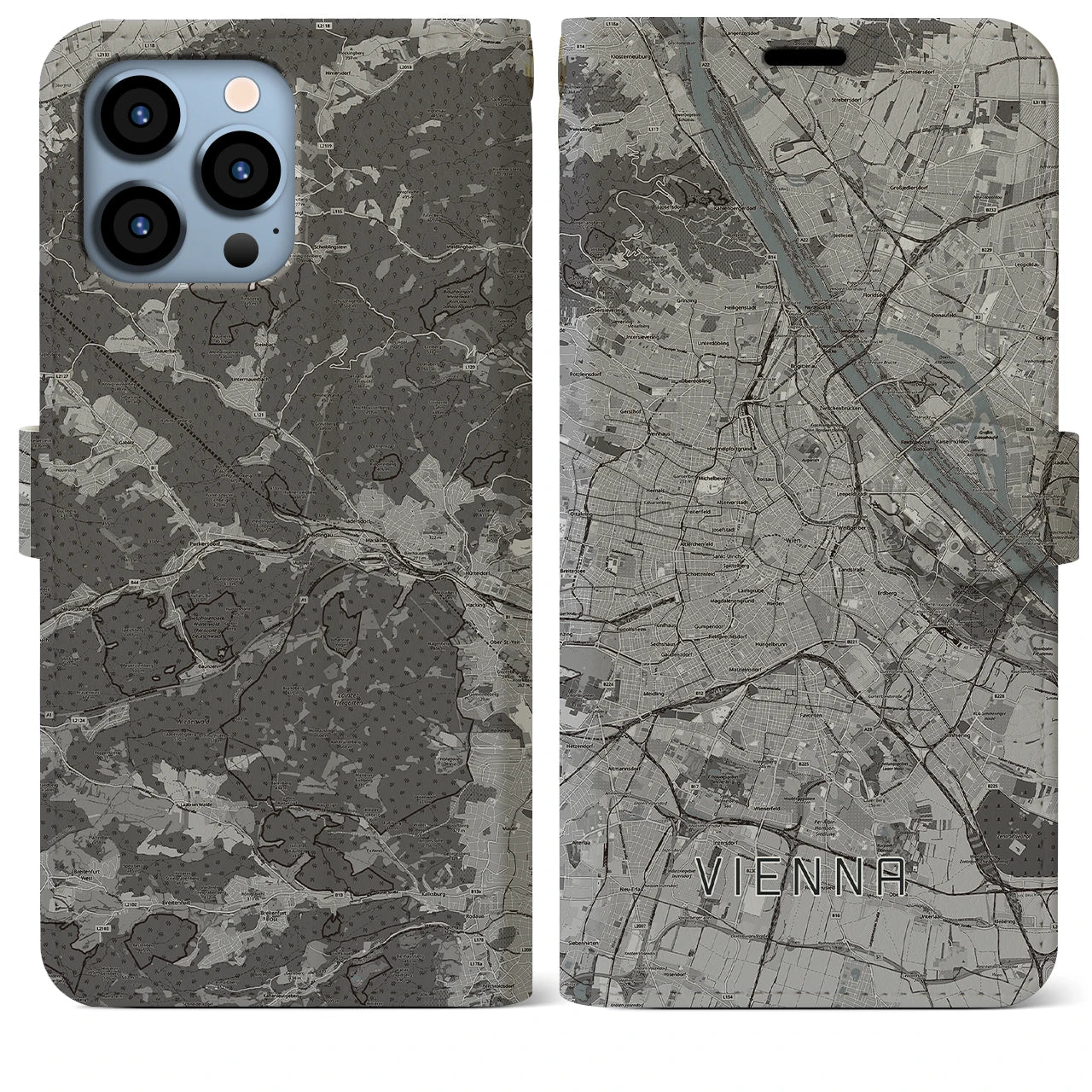 【ウィーン】地図柄iPhoneケース（手帳両面タイプ・モノトーン）iPhone 13 Pro Max 用