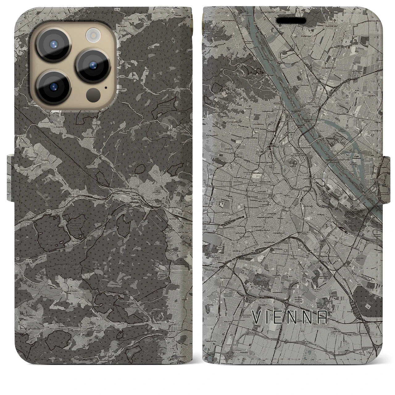 【ウィーン】地図柄iPhoneケース（手帳両面タイプ・モノトーン）iPhone 14 Pro Max 用