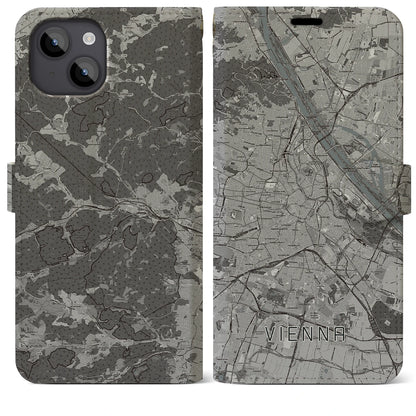 【ウィーン（オーストリア）】地図柄iPhoneケース（手帳タイプ）モノトーン・iPhone 14 Plus 用