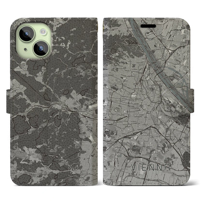 【ウィーン（オーストリア）】地図柄iPhoneケース（手帳タイプ）モノトーン・iPhone 15 用