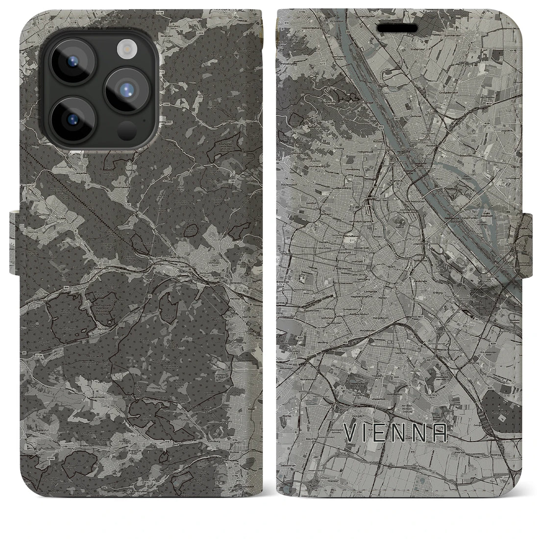 【ウィーン】地図柄iPhoneケース（手帳両面タイプ・モノトーン）iPhone 15 Pro Max 用