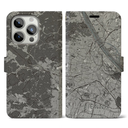 【ウィーン（オーストリア）】地図柄iPhoneケース（手帳タイプ）モノトーン・iPhone 15 Pro 用