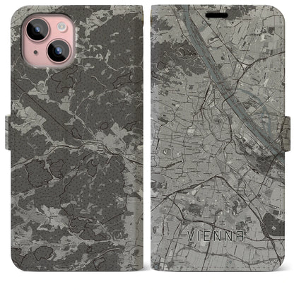 【ウィーン（オーストリア）】地図柄iPhoneケース（手帳タイプ）モノトーン・iPhone 15 Plus 用