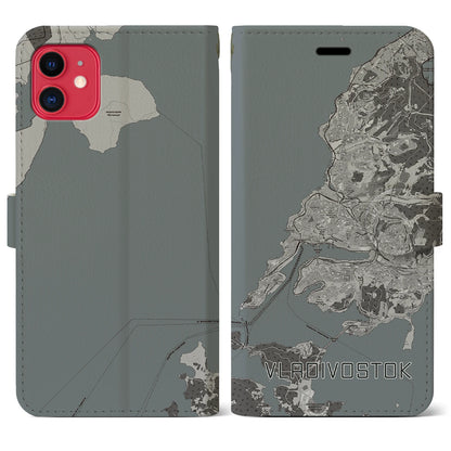 【ウラジオストク（ロシア）】地図柄iPhoneケース（手帳タイプ）モノトーン・iPhone 11 用