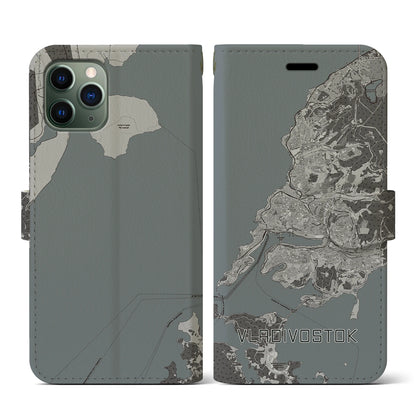 【ウラジオストク（ロシア）】地図柄iPhoneケース（手帳タイプ）モノトーン・iPhone 11 Pro 用