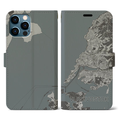 【ウラジオストク（ロシア）】地図柄iPhoneケース（手帳タイプ）モノトーン・iPhone 12 / 12 Pro 用