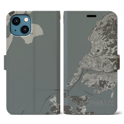 【ウラジオストク（ロシア）】地図柄iPhoneケース（手帳タイプ）モノトーン・iPhone 13 用