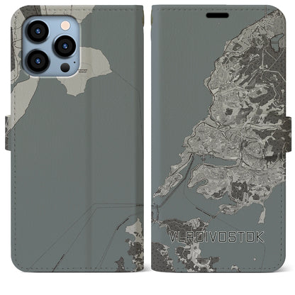 【ウラジオストク（ロシア）】地図柄iPhoneケース（手帳タイプ）モノトーン・iPhone 13 Pro Max 用