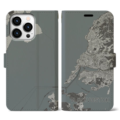 【ウラジオストク（ロシア）】地図柄iPhoneケース（手帳タイプ）モノトーン・iPhone 13 Pro 用