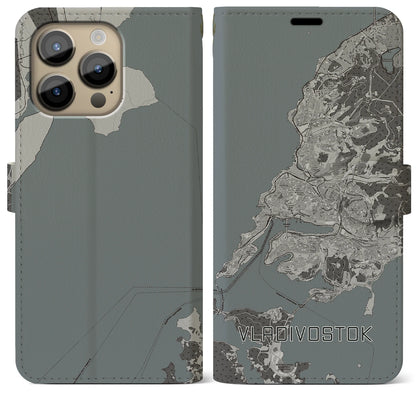 【ウラジオストク（ロシア）】地図柄iPhoneケース（手帳タイプ）モノトーン・iPhone 14 Pro Max 用