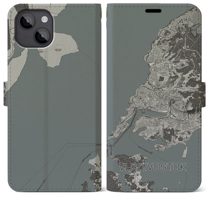 【ウラジオストク（ロシア）】地図柄iPhoneケース（手帳タイプ）モノトーン・iPhone 14 Plus 用